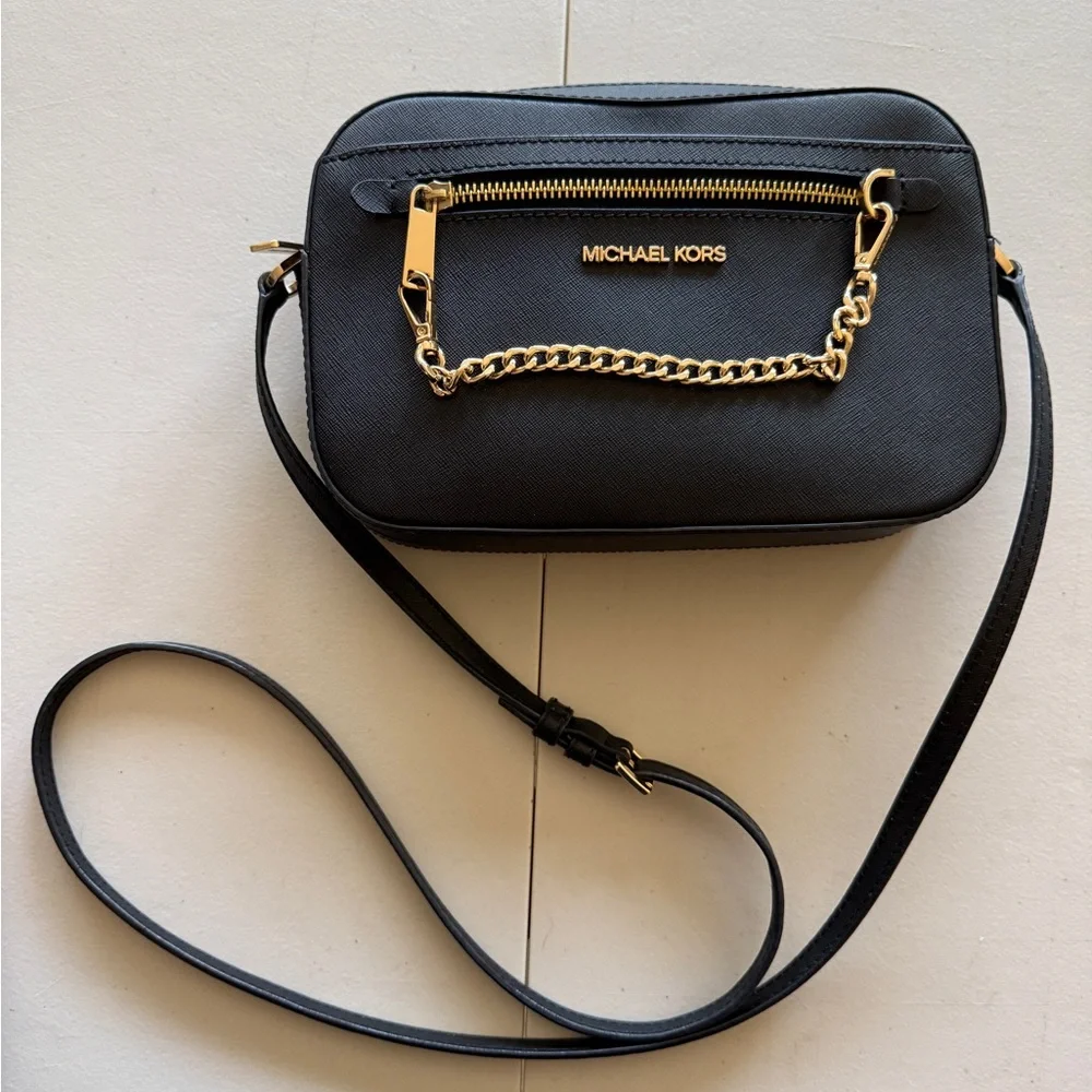 Michael Kors Black Saffiano Crossbody with Gold Chain Accent - Picture 1 of 4